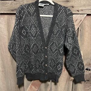 Vintage Pelle made in Italy Men's Charcoal and Gray Patterned Cardigan Sweater